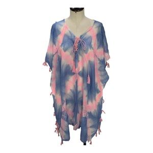 Beulah Style pink & blue tie dye tassel beach swim cover up